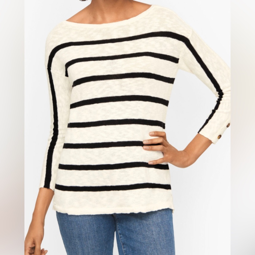 NEW Talbots Petite Medium Button Cuff Stripe Slub Pullover Sweater Ivory/Black
